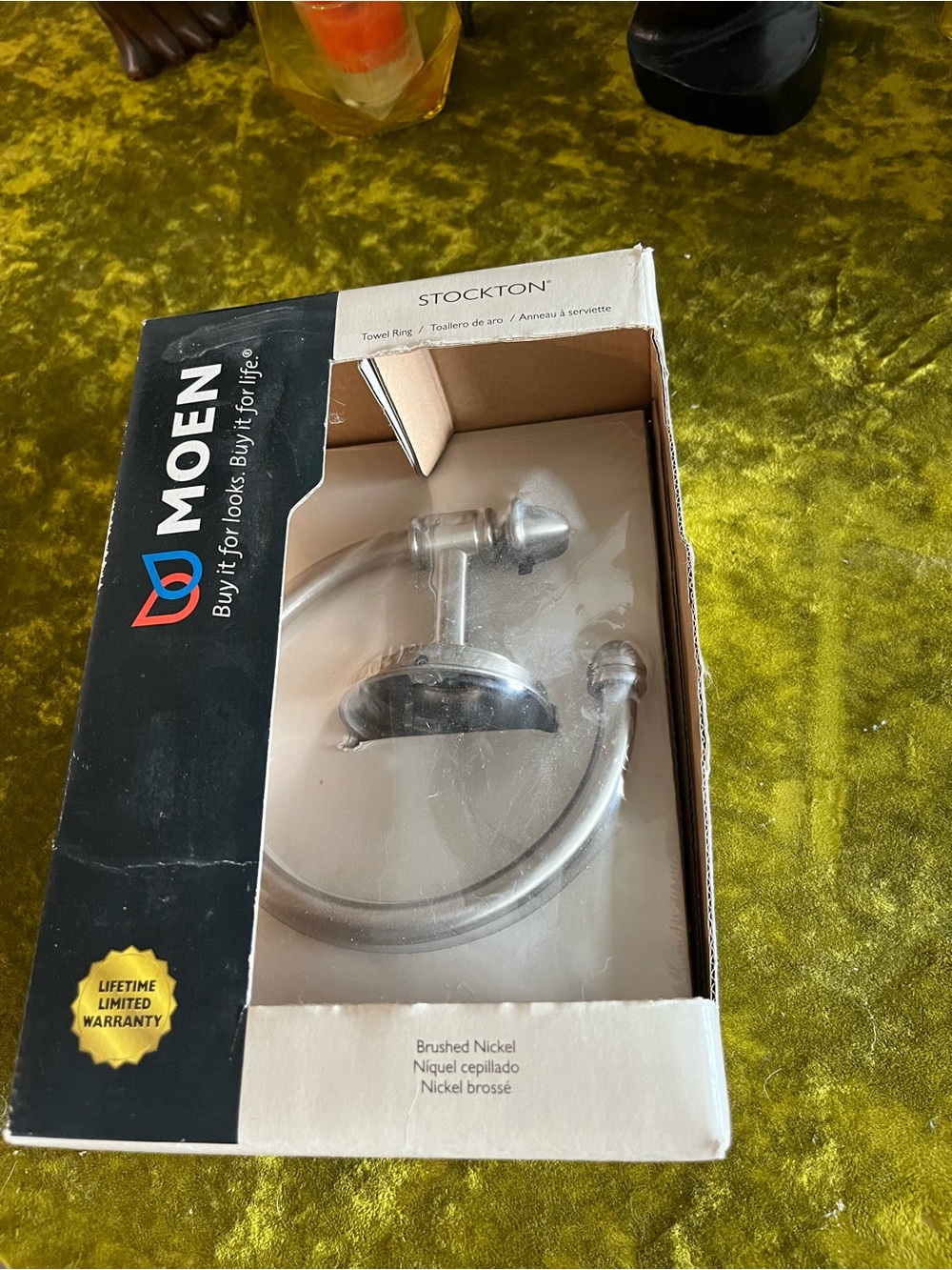 Moen Brushed Nickel and Red Logo Packaging